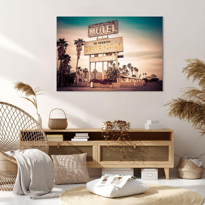 Bilder auf Leinwand 100x70cm Leinwandbild Amerika Motel Strasse Zeichen Gross Wanddeko Bild Schlafzi