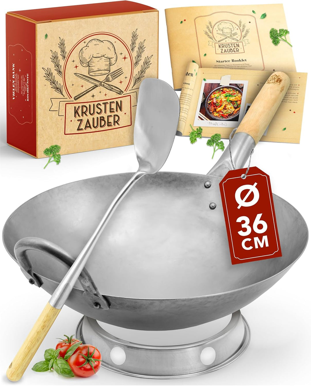 KRUSTENZAUBER 36cm Wokpfanne runder Boden - Traditionelle Stahlwokpfanne mit Wokwender u. Wokring -