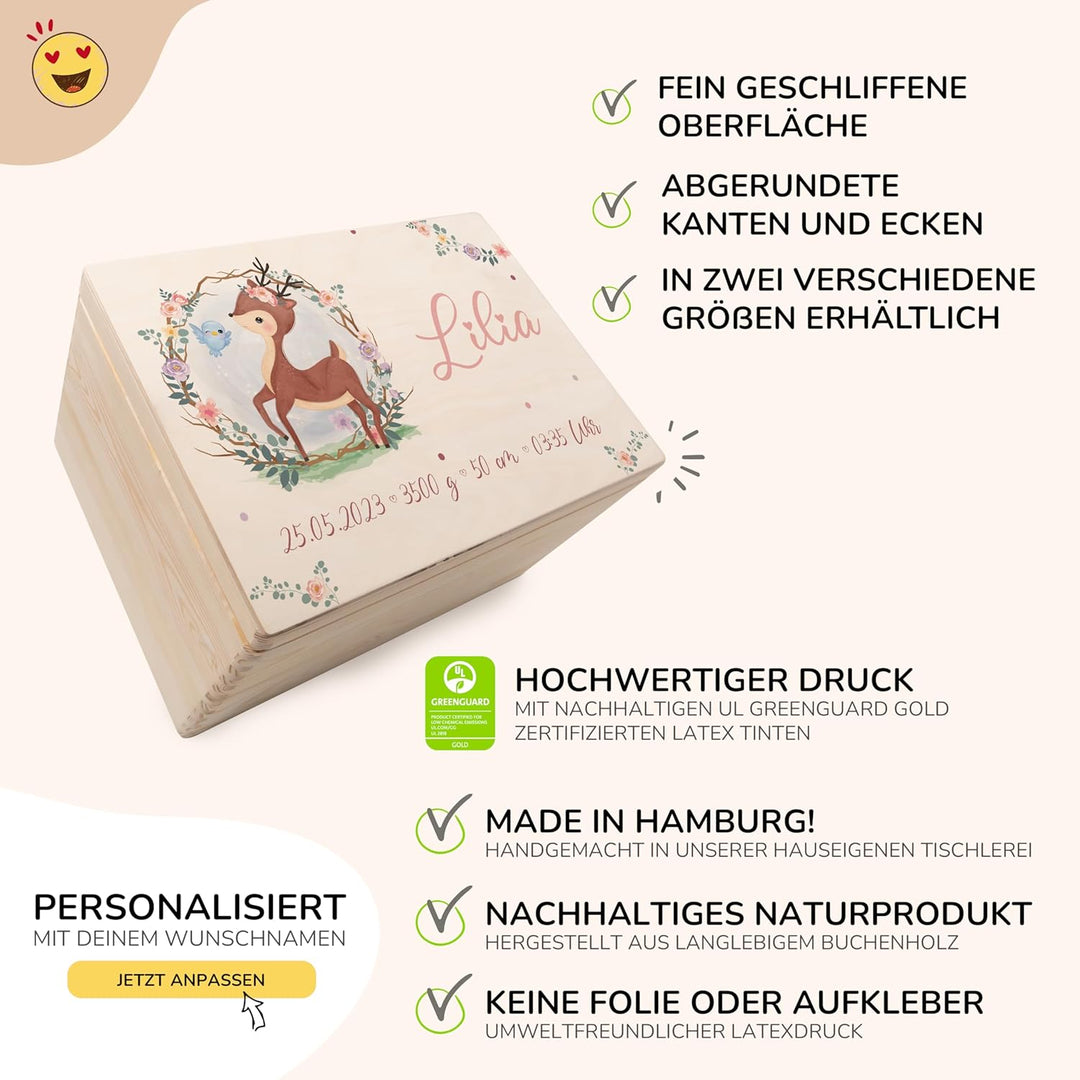 KIDSMOOD - Erinnerungsbox Baby, personalisierte Holzkiste mit Deckel, Ideal zur Aufbewahrung von Eri