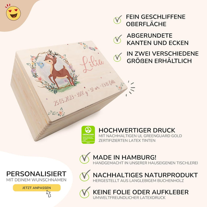 KIDSMOOD - Erinnerungsbox Baby, personalisierte Holzkiste mit Deckel, Ideal zur Aufbewahrung von Eri