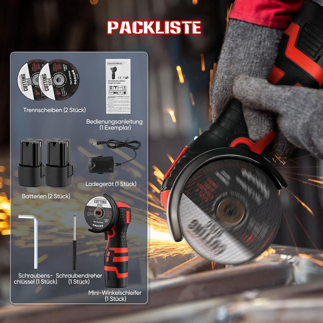 Akku Winkelschleifer 19500RPM | Mini Akku Flex Set mit 2x 2000mAh Akku & 2 Trennscheiben, 2x76mm Min