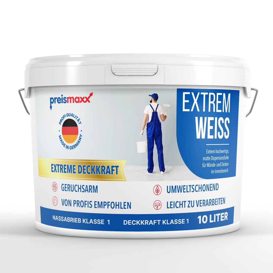 preismaxx Wandfarbe weiss, Innenfarbe, sehr hohe Deckkraft Klasse 1, 10 Liter, Nassabriebklasse 1, m