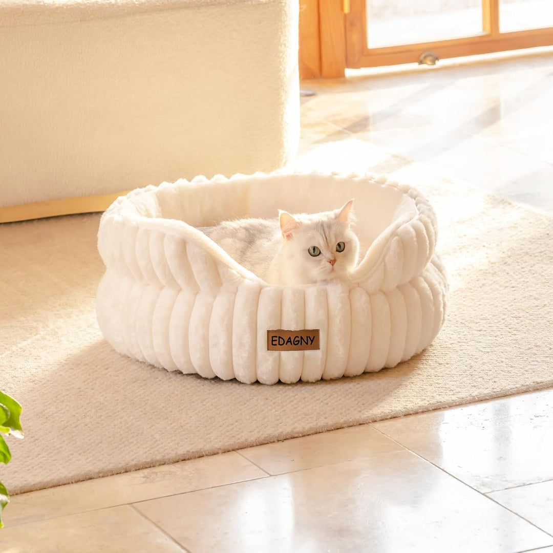 EDAGNY Stilvolle Rundes Katzenbetten Weiches Welpenbett Angstlösend Creme S Creme L 51 x B 51 x H 20
