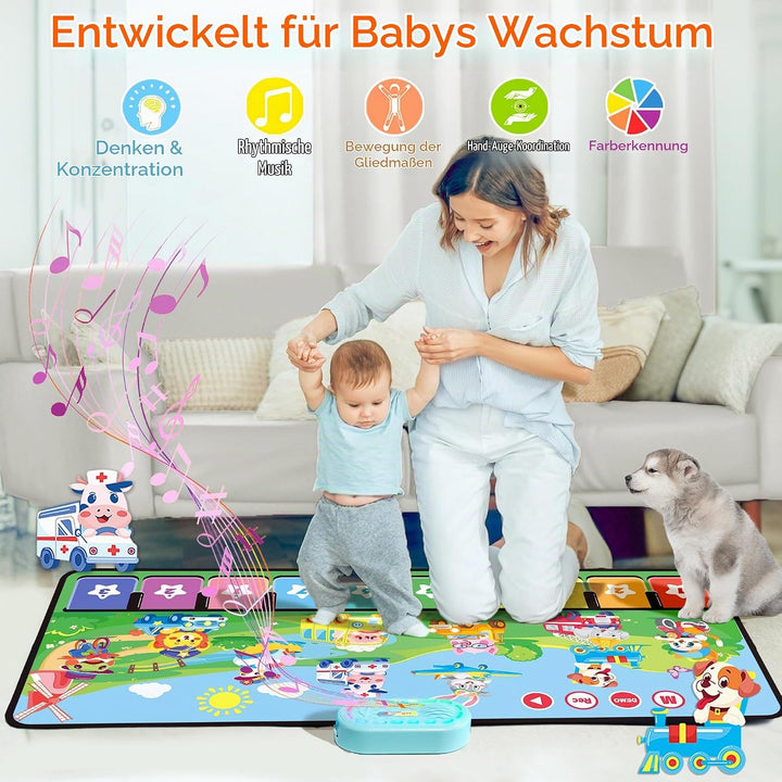 MOMUSE Baby Spielzeug ab 1 Jahr mit 80 Tönen, Grosse Musikmatte mit 10 Tiere &amp; 10Autos, Klaviermatte