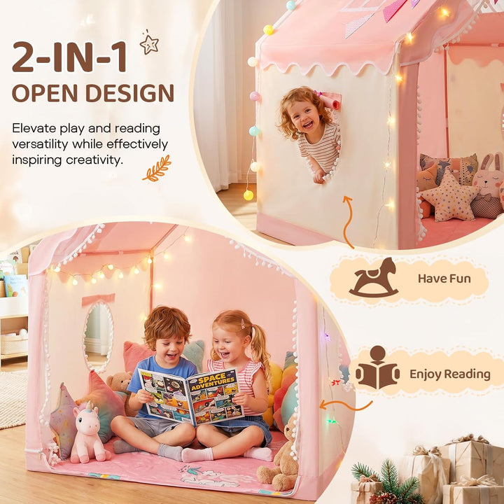 2 IN 1 Kinderzelt,Kinder Spielhaus Indoor mit Matte und Lichtern, Kinder Bettzelt,Spielzelt für Drin