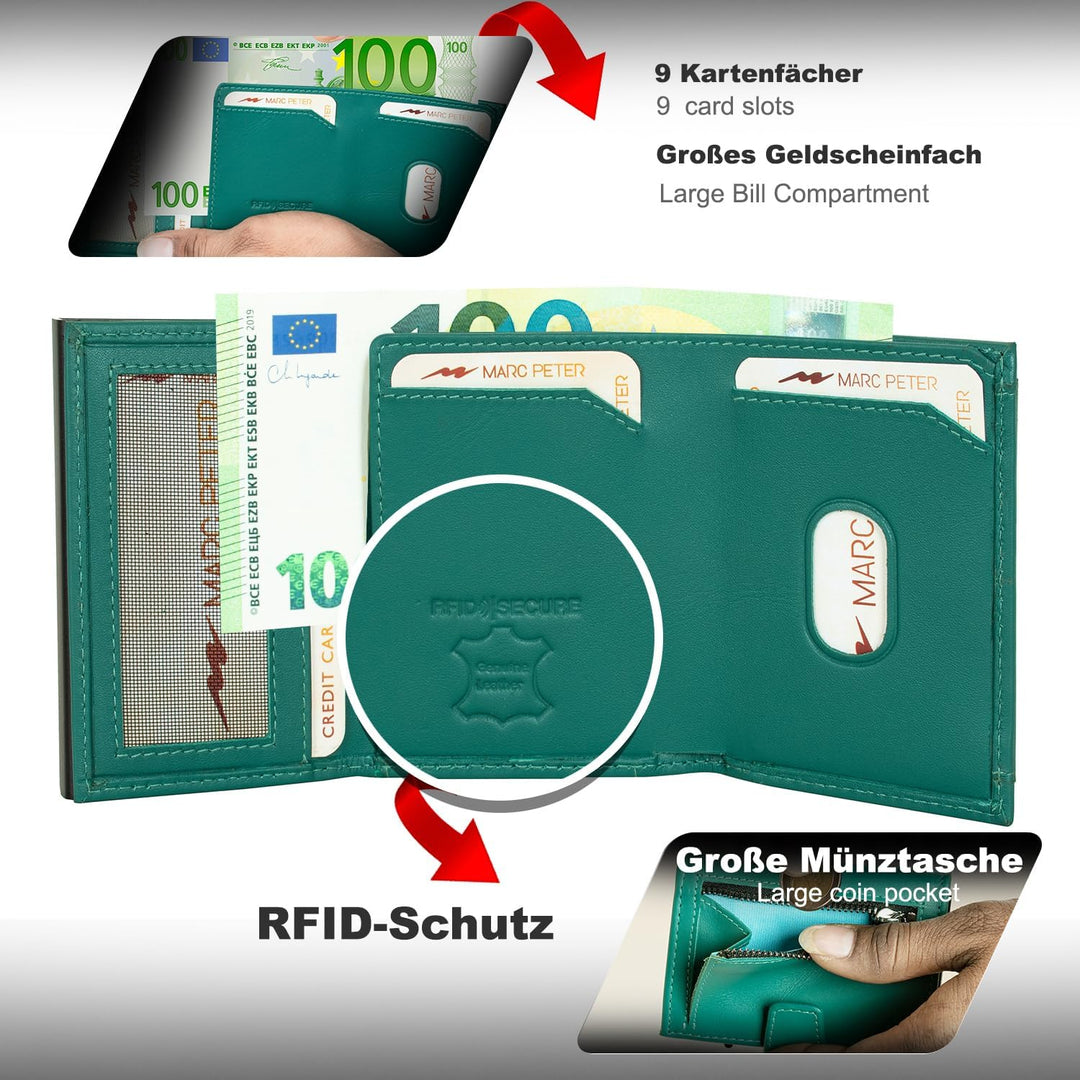 Marc Peter® Chicago Blaugrün Leder Push Air Slim Wallet | Airtag Geldbörse mit Münzfach | kleines Mi