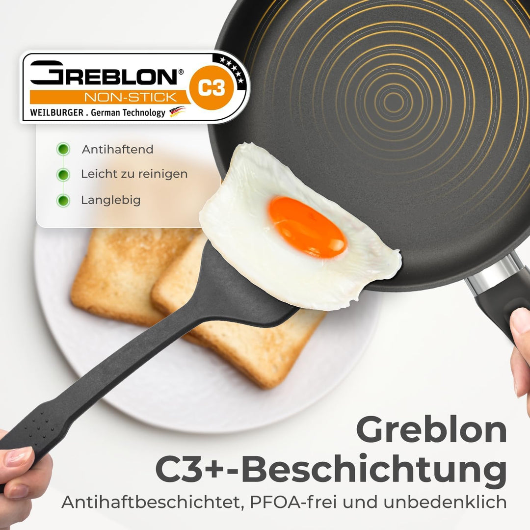 KLAMER Bratpfanne (24 + 28cm) Induktion – Profi Edelstahlpfanne mit Greblon® C3+ Antihaftbeschichtun