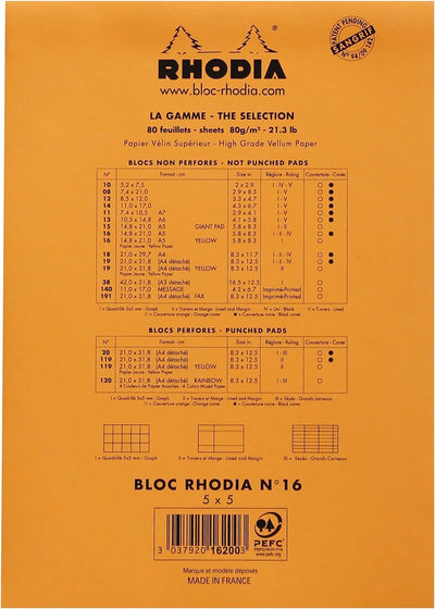 Rhodia 16200C - Packung mit 10 Notizblöcken No.16, DIN A5 80 Blätter kariert 80g, Orange, 1 Pack Ora