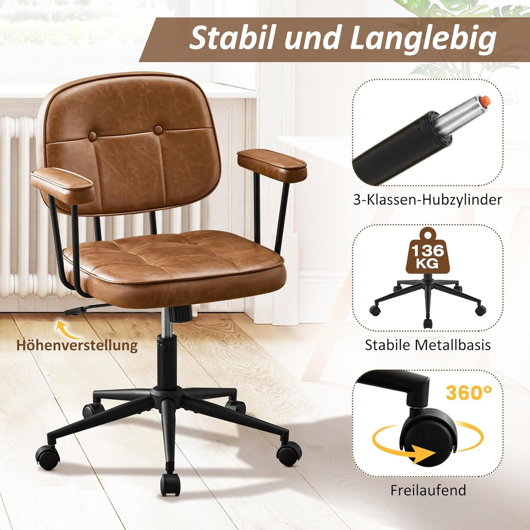 Hellove Schreibtischstuhl Bürostuhl Ergonomisch mit Armlehnen PU Leder 360° Drehstuhl Höhenverstellb