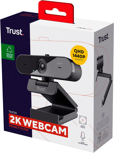 Trust Taxon 2K QHD Webcam aus 85% Recycling-Kunststoff, 2560x1440p USB Kamera PC mit Abdeckung, Auto
