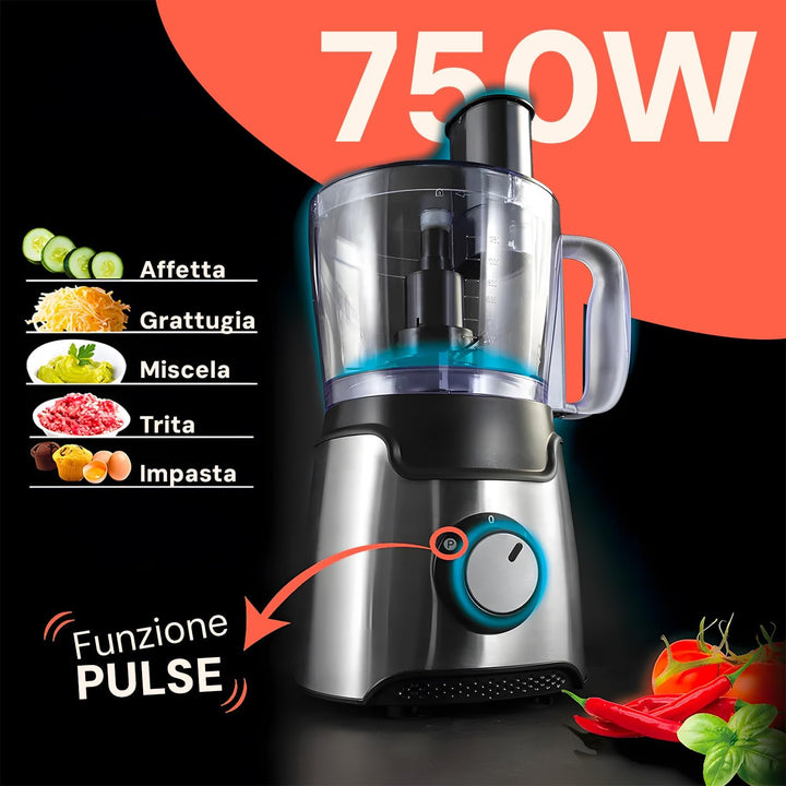 Avilia Multifunktionaler 7-in-1-Roboter mit Behälter von 1,25 l, 750 W, ideal zum Zerkleinern, Schne