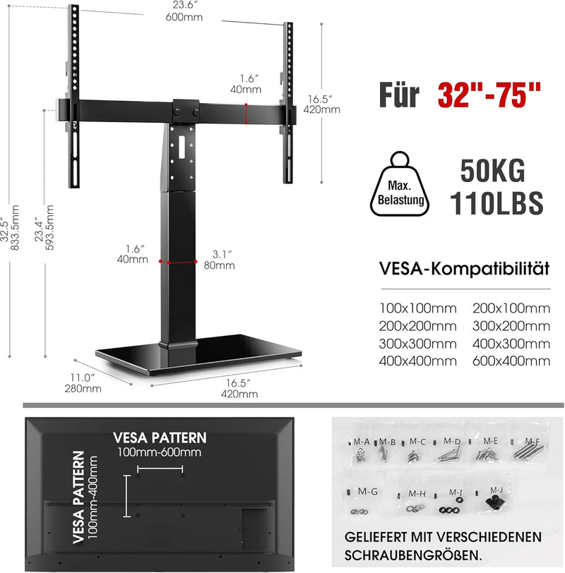 AOKCOS TV Standfuss TV Ständer Schwenkbar Höhenverstellbar für 32-75 Zoll Fernseher bis zu 50 KG, Hö