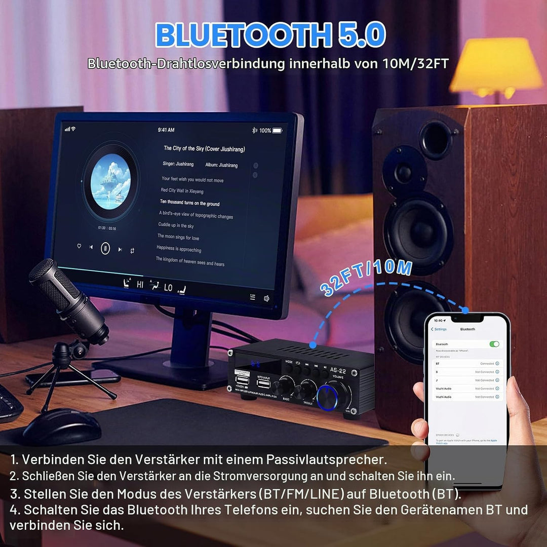 Bluetooth HiFi-Verstärker-AS-22 2.0 Kanäle Mini Stereo-Audioverstärker 40W x 2 Class D Digitale Powe