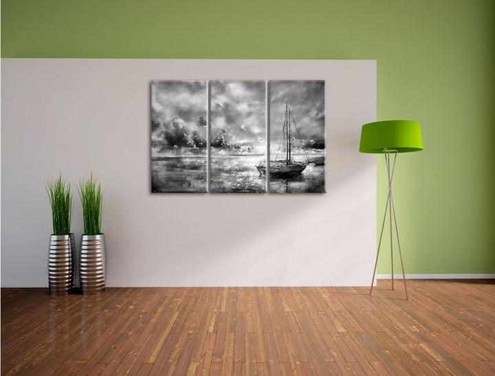 Pixxprint Monocrome, Schönes Gemälde eines Bootes 3-Teiler Leinwandbild 120x80 Bild auf Leinwand