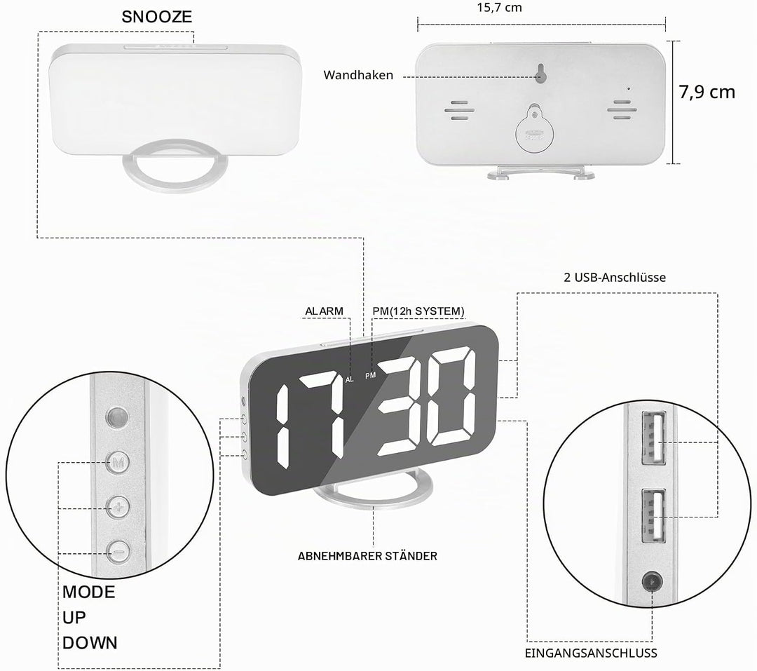 U-Picks Wecker Digital,Spiegel Digitaler Wecker,Grosse 6,5" LED-Anzeige mit Dimmer-Modus zur Helligk