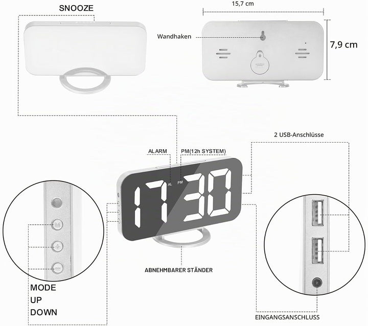 U-Picks Wecker Digital,Spiegel Digitaler Wecker,Grosse 6,5" LED-Anzeige mit Dimmer-Modus zur Helligk