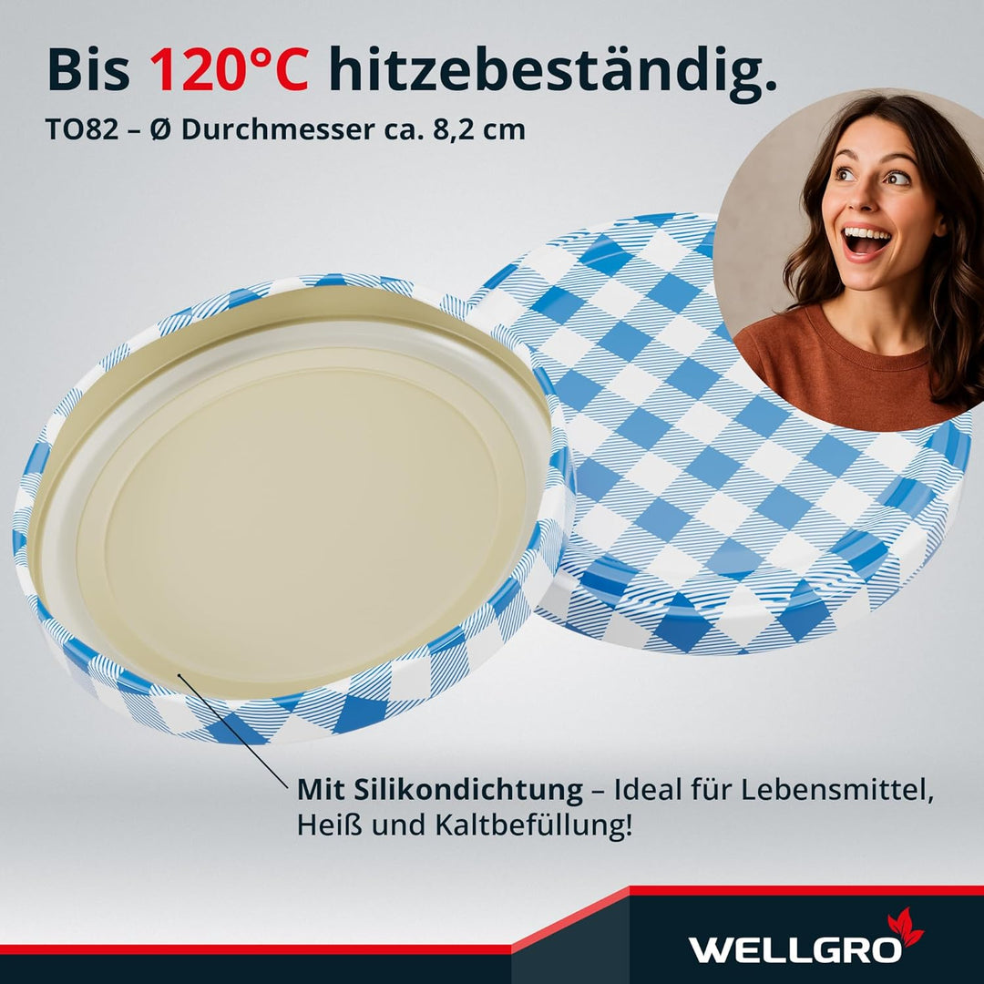 WELLGRO 50x Einmachgläser mit Schraubdeckel - 435 ml, 8,5 x 12 cm (ØxH), Glas/Metall, blau karierte