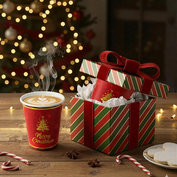 60 Stück Pappbecher WeihnachtsRot 9oz Party Tischdeko mit Weihnachtsbaum und Merry Christmas Muster,