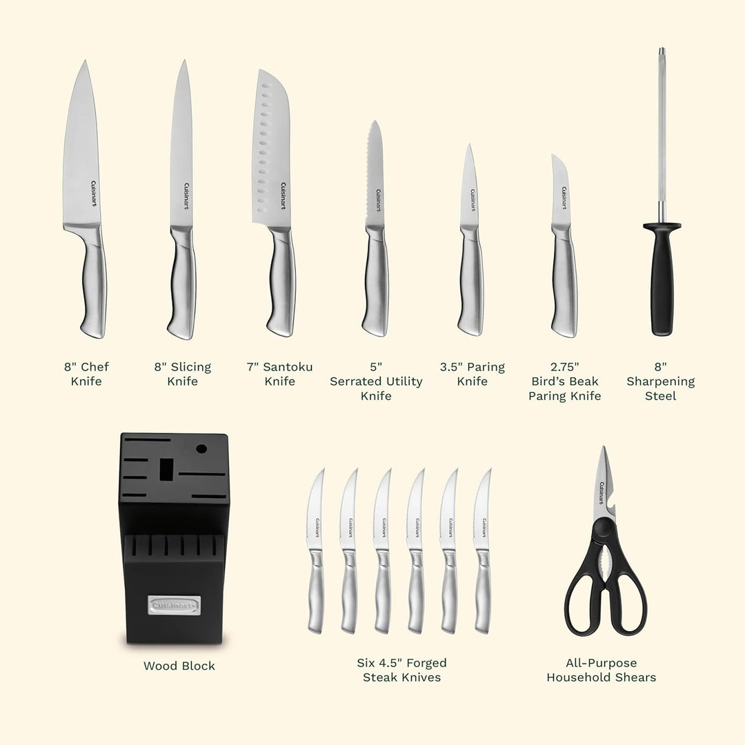 Cuisinart 15-teilig, Edelstahl-Hohlgriffe-Block-Set Messerblock, Messerblock