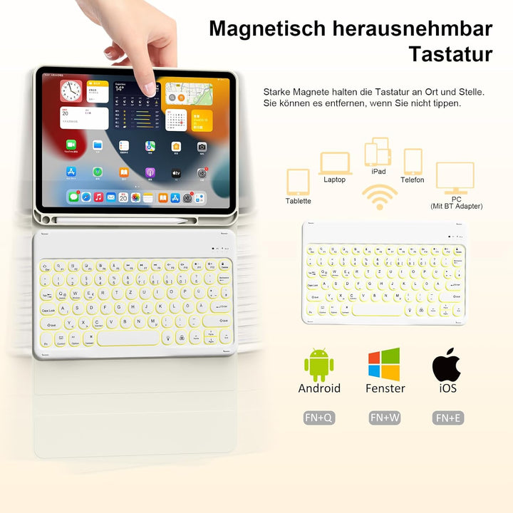 Hülle mit Tastatur für iPad 11 Generation A16/10 Generation (11/10.9 Zoll,2025/2022),7-farbige Beleu