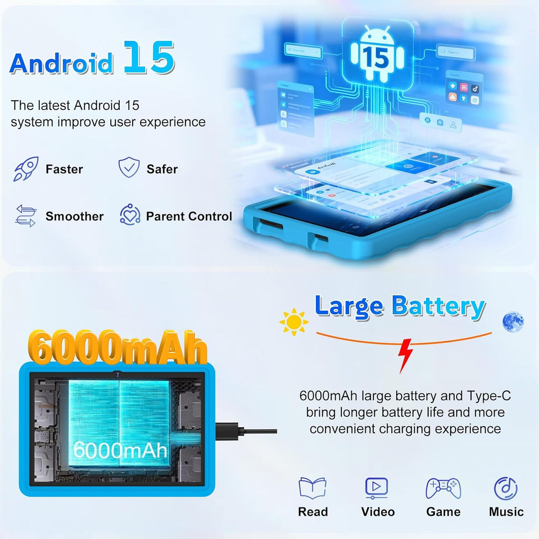 DMOAO Kinder Tablet 10 Zoll Android 15 mit 30GB RAM + 64GB ROM(2TB), 5G WLAN 6, Widevine L1, Elterli