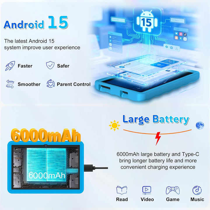 DMOAO Kinder Tablet 10 Zoll Android 15 mit 30GB RAM + 64GB ROM(2TB), 5G WLAN 6, Widevine L1, Elterli