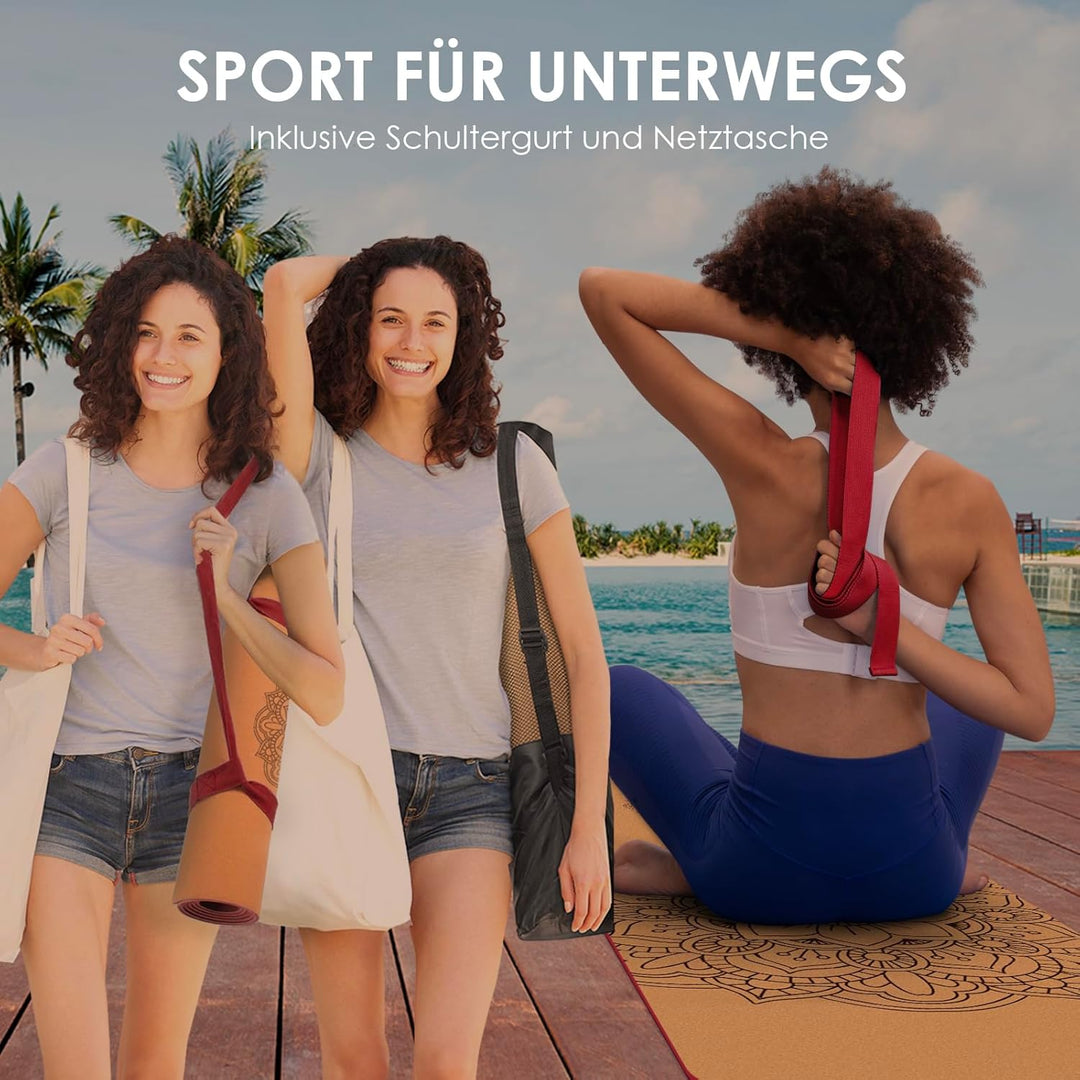 Yogamatte Kork – Rutschfeste Yoga Matte, Einzigartiges Design, Naturkautschuk TPE Gymnastikmatte, Tr