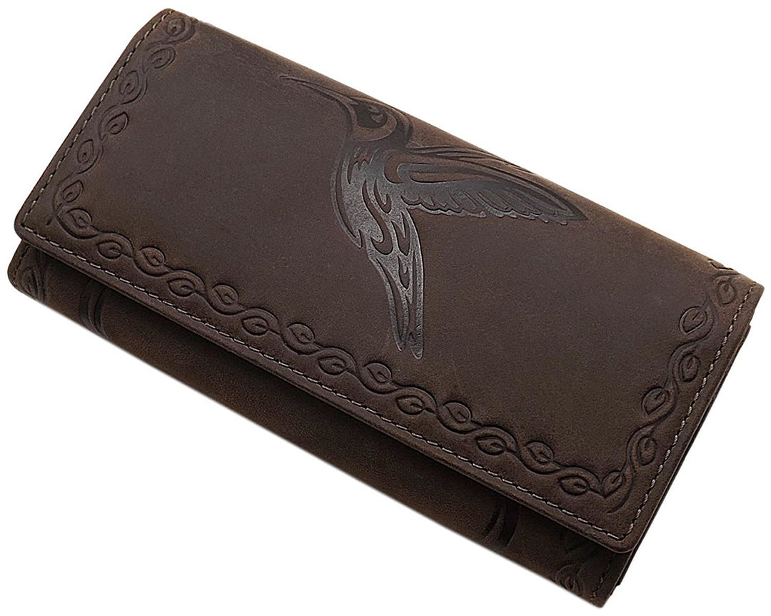 Grosse Büffel-Vollleder Damen Geldbörse / Geldbeutel / Portemonnaie / Geldtasche mit Colibri-Motiv o