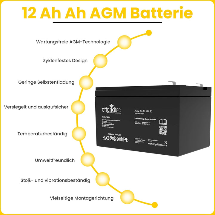 Offgridtec® 12Ah 12V Bleiakku AGM Zyklenfest USV Ersatz VRLA, 12Ah