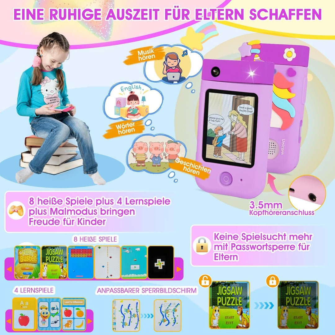 Kinderkamera Spielzeug mit 180°Drehobjektiv&32GB Karte,Kinder Kamera mit Touchscreen&Silikonhülle,We