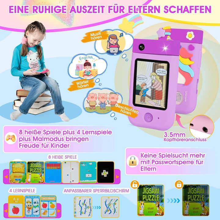 Kinderkamera Spielzeug mit 180°Drehobjektiv&32GB Karte,Kinder Kamera mit Touchscreen&Silikonhülle,We