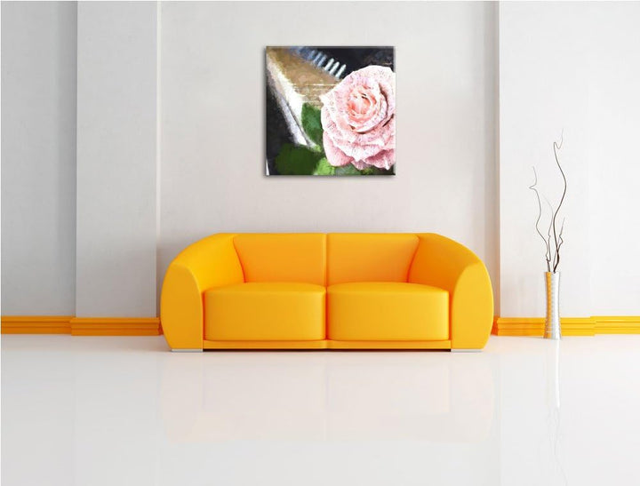 Noten auf Rosenblätter, Format: 70x70 auf Leinwand, XXL riesige Bilder fertig gerahmt mit Keilrahmen