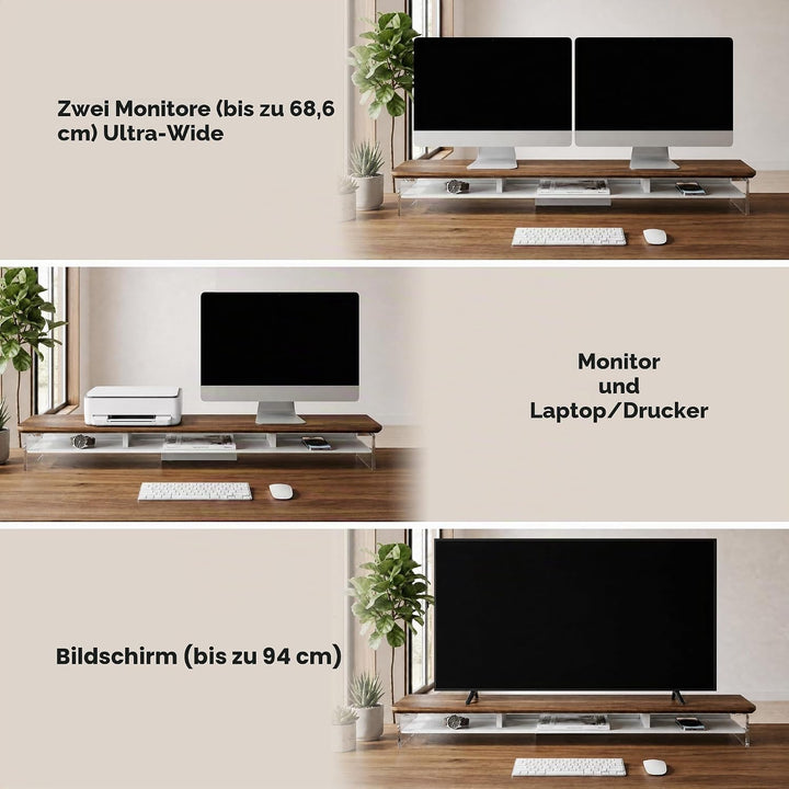Fenge Acryl Monitorständer Riser 108cm, Grosser Dual monitorständer mit Metallregal, Schreibtisch Zu