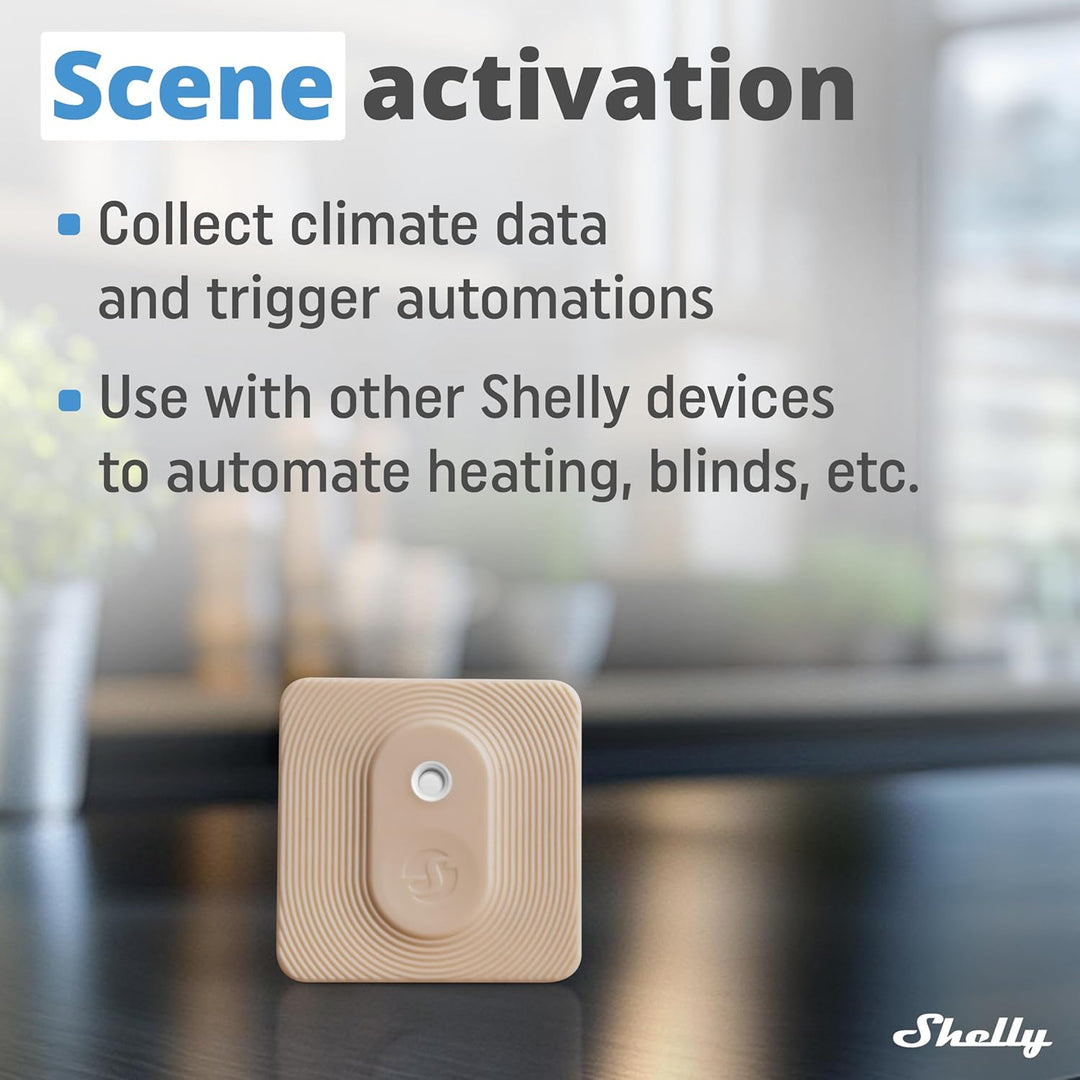 Shelly Blu H&T Mocha | Bluetooth-gesteuerter Temperatur- und Luftfeuchtigkeitssensor | Spritzwasserg