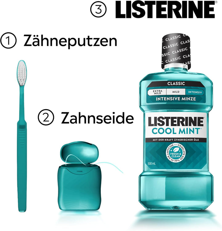 LISTERINE Cool Mint (6 x 500 ml), antibakterielle Mundspülung mit ätherischen Ölen & Minzgeschmack,
