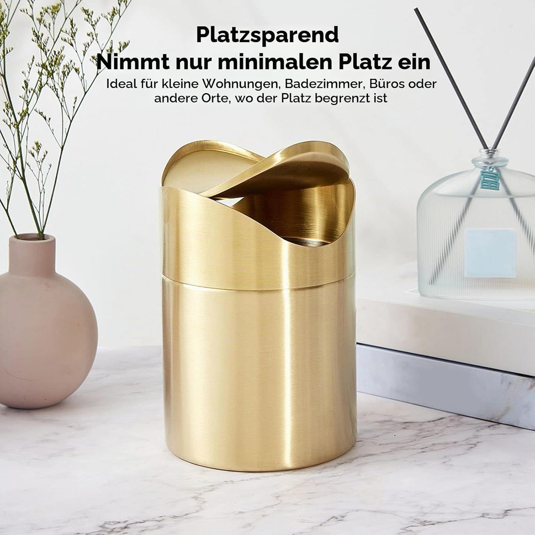 Mini Mülleimer, 16.58×12cm Edelstahl Mülleimer mit Schwing Deckel Gold Kleiner Desktop Abfallkorb fü