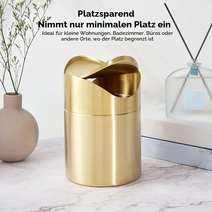 Mini Mülleimer, 16.58×12cm Edelstahl Mülleimer mit Schwing Deckel Gold Kleiner Desktop Abfallkorb fü