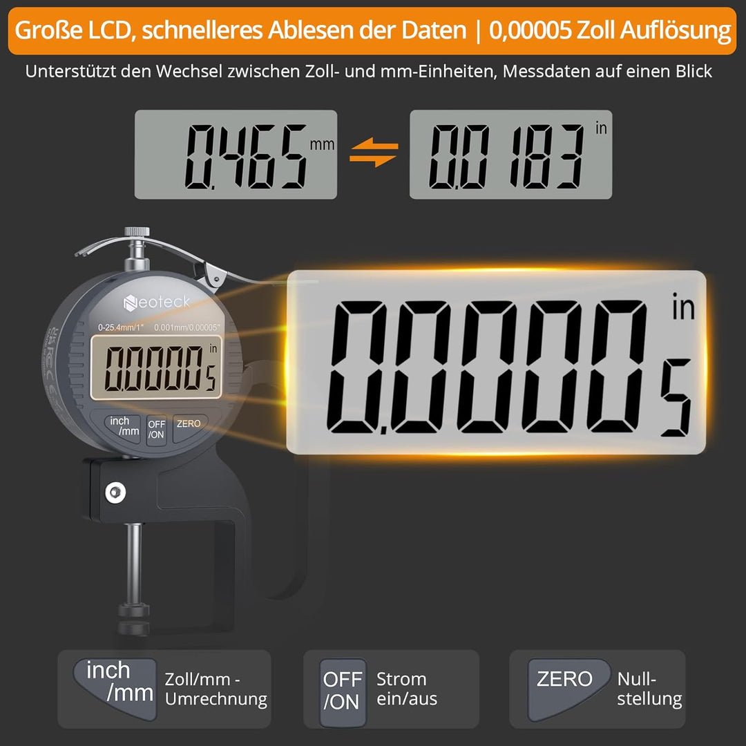 Neoteck Tragbares digitales Dickenmessgerät 0-25,4 mm Messbereich 0,001/0,00005 '' elektronischer Mi