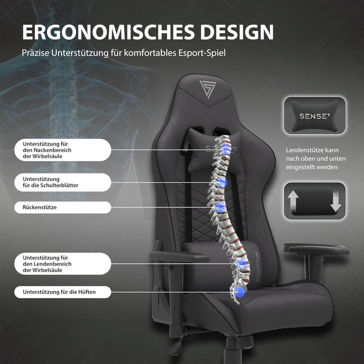 SENSE7 Gaming Stuhl Spellcaster, ergonomischer Gaming Sessel mit verstellbaren Lendenkissen Einstell