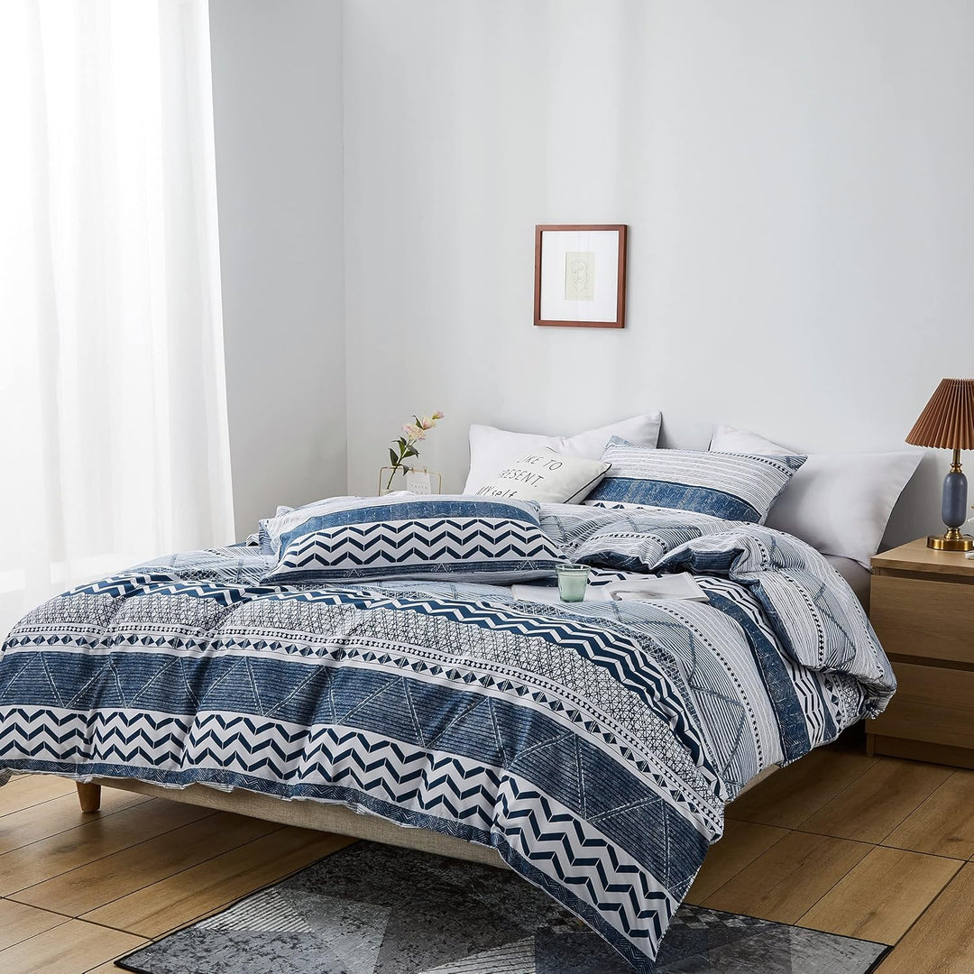 Damier Bettwäsche 135x200 Blau Weiss Geometrisch Gestreift Muster Bettbezug Set Microfaser Streifen
