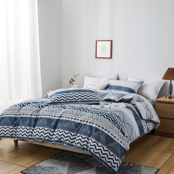 Damier Bettwäsche 135x200 Blau Weiss Geometrisch Gestreift Muster Bettbezug Set Microfaser Streifen