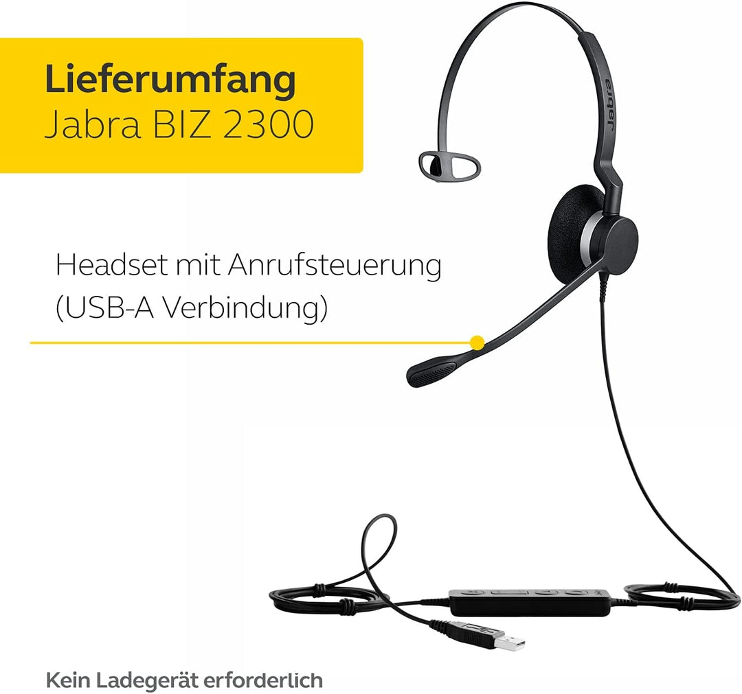 Jabra Biz 2300 USB-A MS On-Ear Mono Headset - Skype for Business zertifizierte Noise Cancelling Kabe