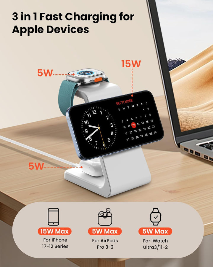 GEEKERA 3-in-1 Ladestation mit MagSafe, Qi2-zertifiziert 15W Schnell Induktive Ladegerät für iPhone