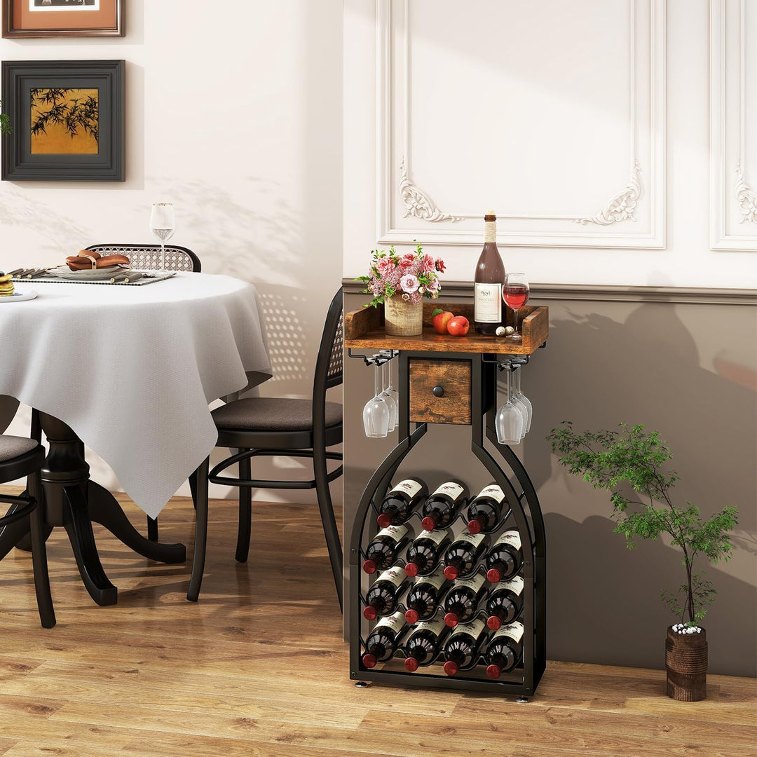 IBUYKE Weinregal Freistehend für 15 Flaschen,Flaschenregal mit Glashaltern und Speicher Schublade,Mi