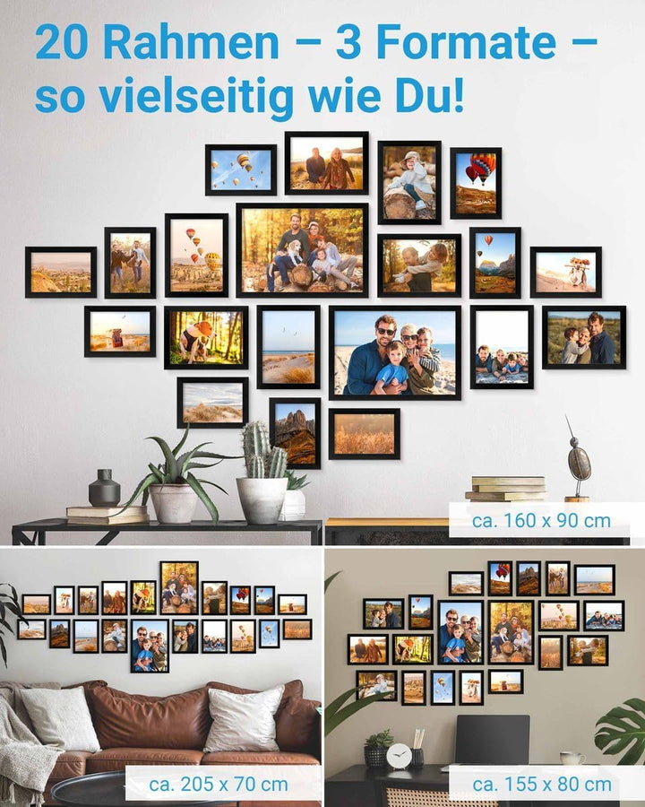PHOTOLINI Schwarze Bilderrahmen Set verschiedene Grössen, Bilderwand Collage 20 Rahmen, Bilderrahmen