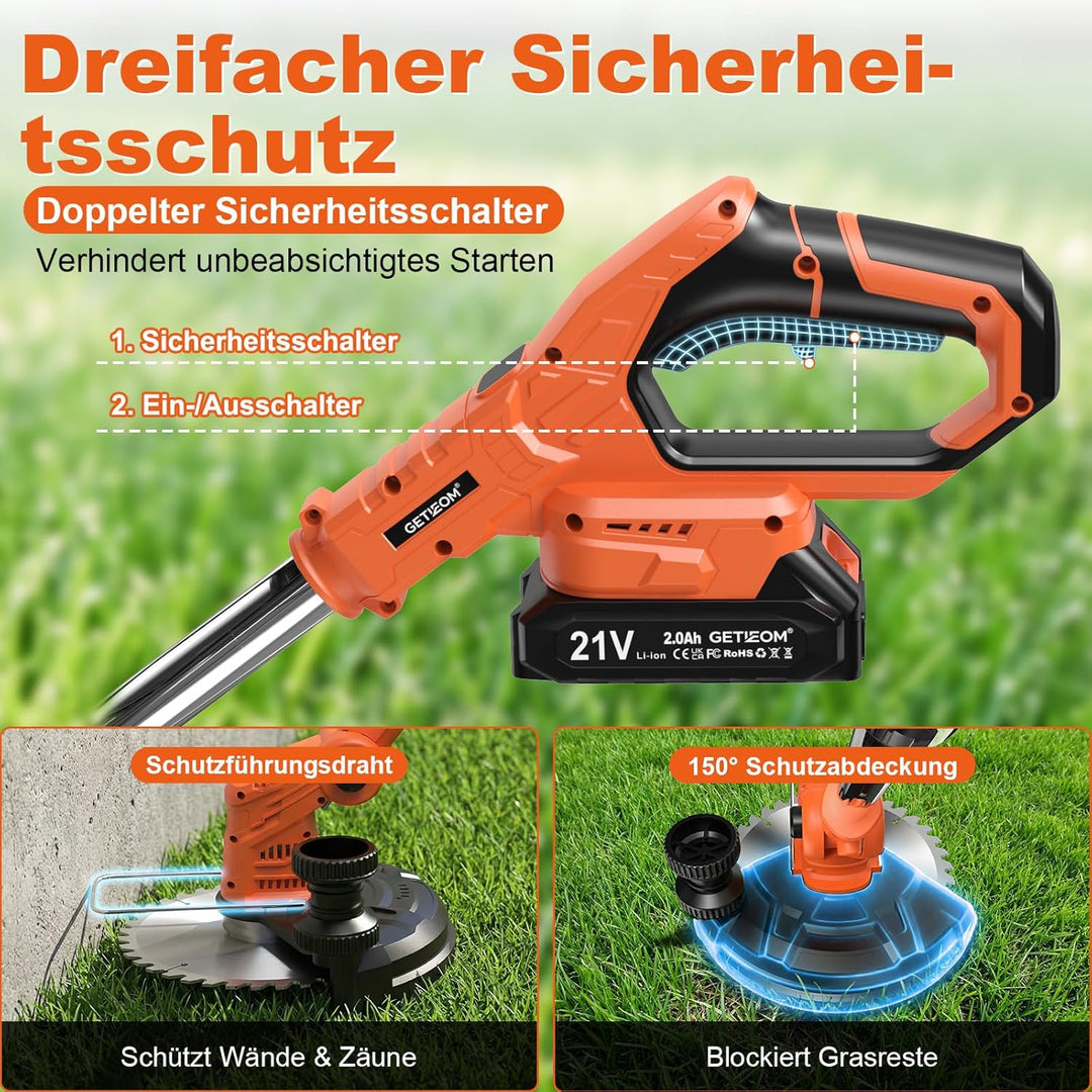 Rasentrimmer Akku 21V, 4-in-1 Freischneider mit 850W Motor und LCD-Anzeige, inkl. Stahlbürste und 8"