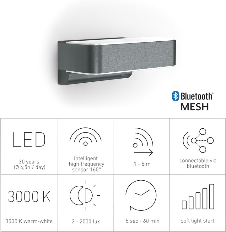 Steinel Aussenleuchte L 810 SC anthrazit, 9,8 W, LED Wandleuchte Connect, 160° iHF-Bewegungsmelder,
