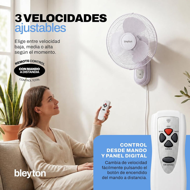 BLEYTON Shadow Wandventilator, leise, mit Fernbedienung, Weiss, 40 W, 3 Geschwindigkeitsstufen, Time