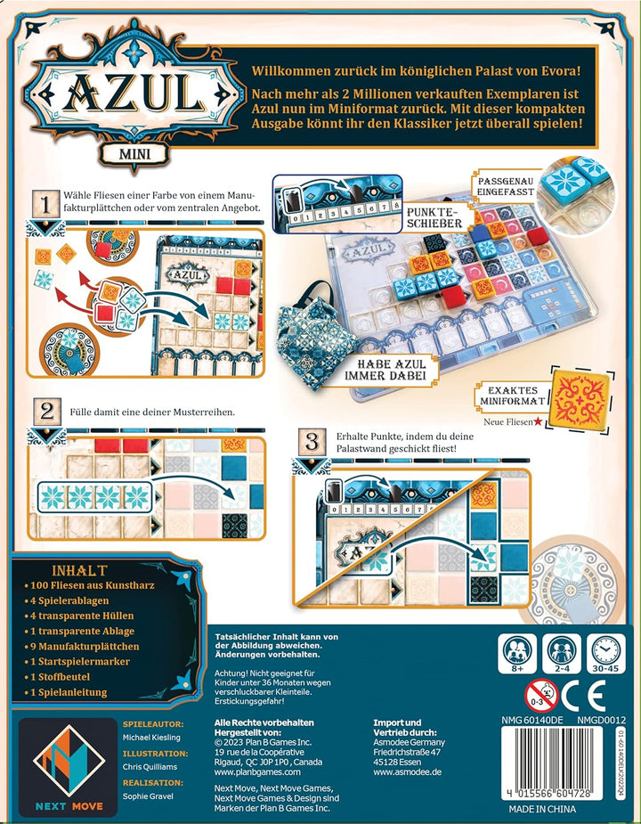 Next Move Games, Azul Mini, Familienspiel, Brettspiel, 2-4 Spieler, Ab 8+ Jahren, 30-45 Minuten, Deu