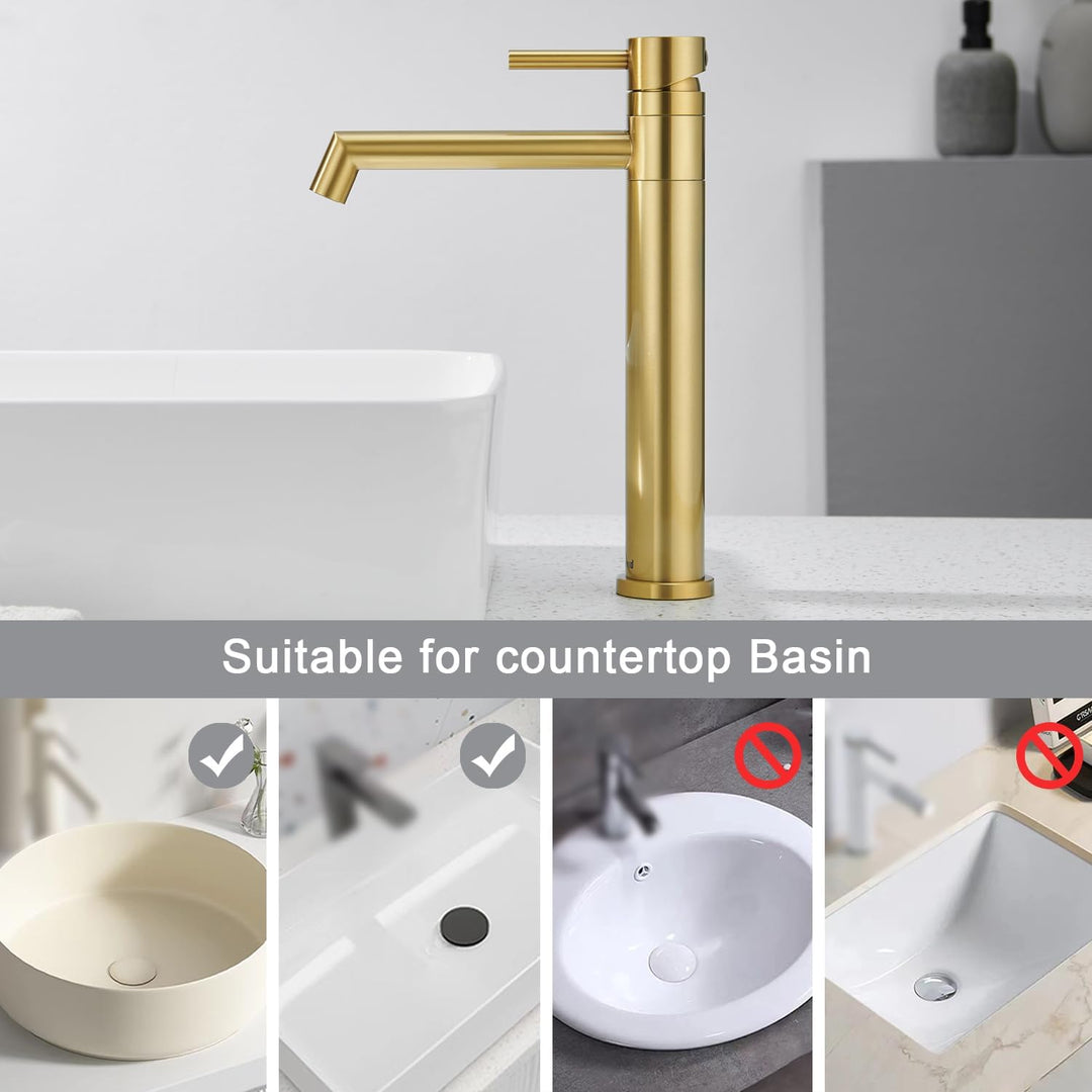 Ulytid Wasserhahn Bad Gold, Waschtischarmatur Hoch Aufsatzwaschbecken 360° Schwenkbar, Armatur Badez